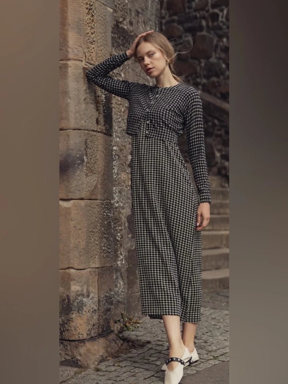 2 Pieces- Black/White A-Line Slip Maxi Dress-Houndstooth w/ Matching Cardigan: M - Picture 7 of 15